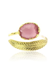 MRio Classic Adjustable Ring Silver Gold Plated Pink Stone and Leaf