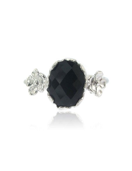 MRIO Classic Silver Adjustable Ring with Black Stone and Flowers