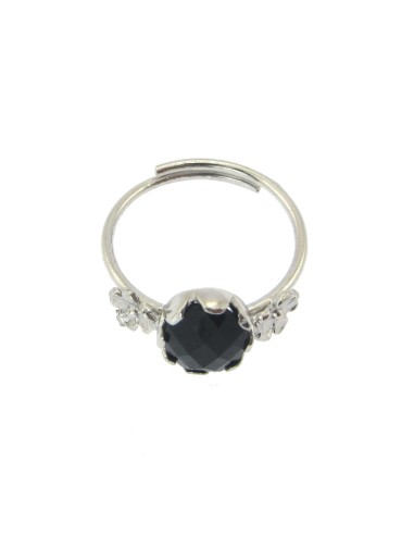 MRIO Classic Silver Adjustable Ring with Black Stone and Flowers