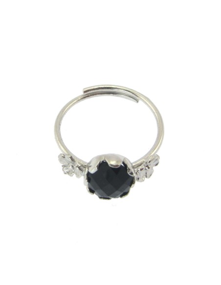 MRIO Classic Silver Adjustable Ring with Black Stone and Flowers