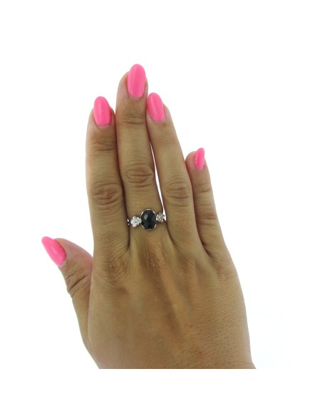 MRIO Classic Silver Adjustable Ring with Black Stone and Flowers