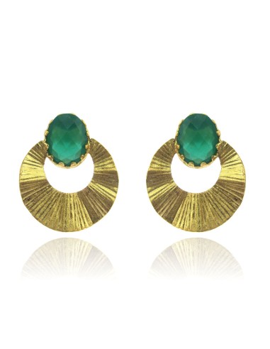 MRIO Inca Rising Sun Earrings Silver Gold Green Stone