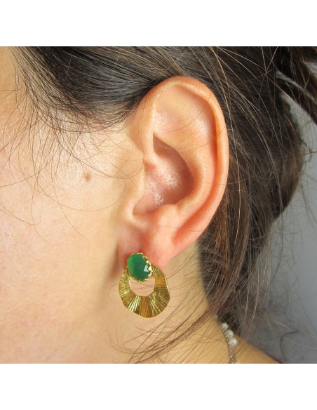 MRIO Inca Rising Sun Earrings Silver Gold Green Stone