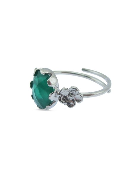 MRIO Classic Adjustable Ring Silver Green Stone and Flowers