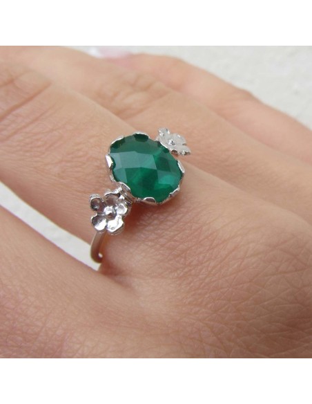MRIO Classic Adjustable Ring Silver Green Stone and Flowers