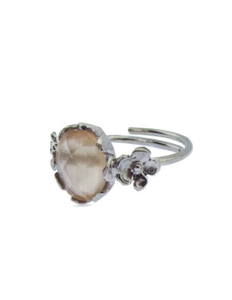 MRIO Classic Adjustable Ring Silver Beige Stone and Flowers