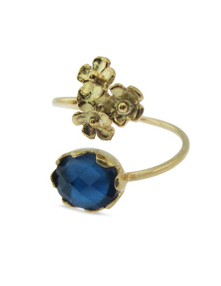 MRIO Classic Adjustable Ring Gold Plated Silver Blue Stone and 3 Flowers