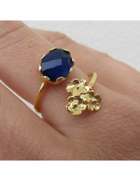 MRIO Classic Adjustable Ring Gold Plated Silver Blue Stone and 3 Flowers