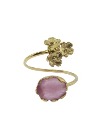 MRIO Classic Adjustable Ring Silver Gold Pink Stone and 3 Flowers