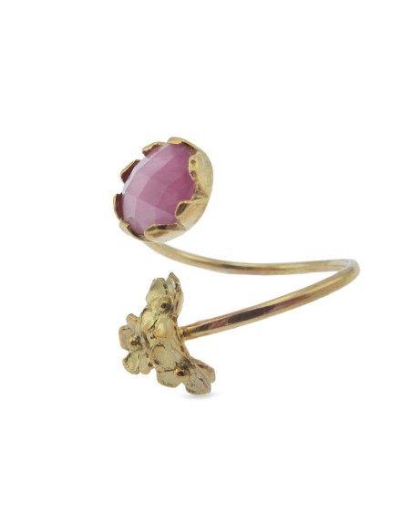 MRIO Classic Adjustable Ring Silver Gold Pink Stone and 3 Flowers