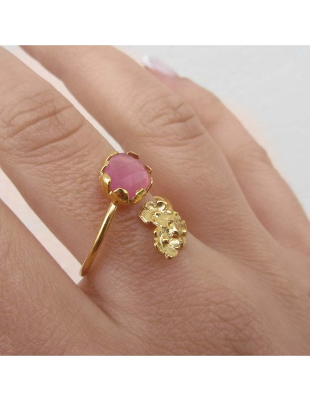 MRIO Classic Adjustable Ring Silver Gold Pink Stone and 3 Flowers