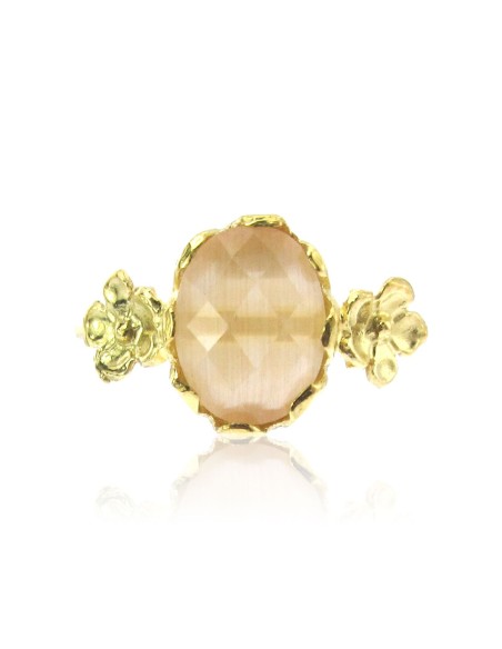 MRIO Classic Adjustable Ring Silver Gold Beige Stone and Flowers