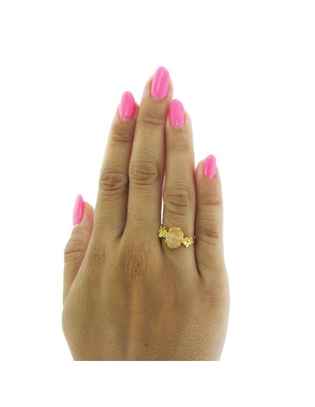 MRIO Classic Adjustable Ring Silver Gold Beige Stone and Flowers
