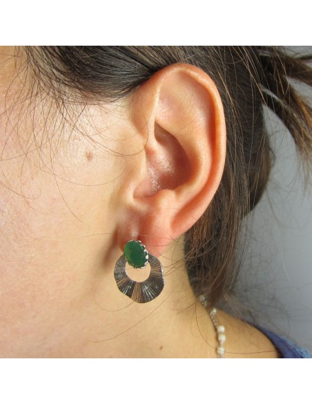 MRIO Inca Rising Sun Earrings Silver Green Stone MRIO Inca Rising Sun Earrings Silver Green Stone